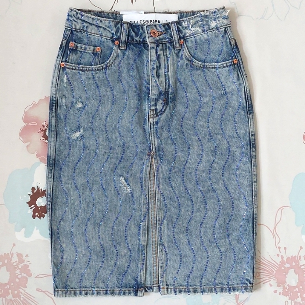 Filles A Papa Rhinestone Embellished Denim Skirt
